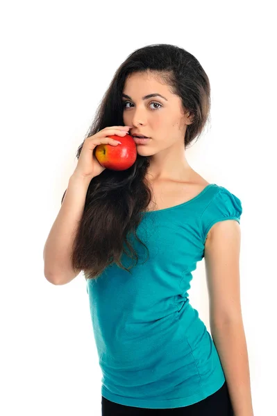 Retrato de mujer joven con manzana — Foto de Stock