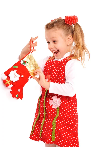 Kislány karácsonyi ajándékkal — Stock Fotó