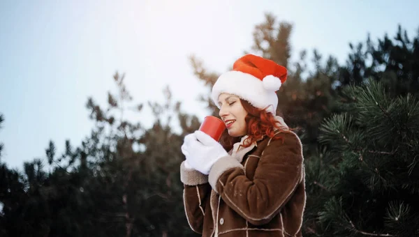 Mulher Cabelos Vermelhos Chapéu Diverte Livre Com Neve Mulher Andando — Fotografia de Stock