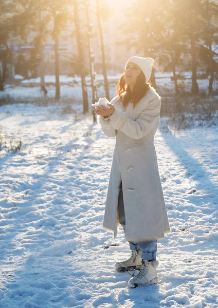 帽子の赤い髪の女性は雪でアウトドアを楽しんでいます 冬の森を歩く女 — ストック写真