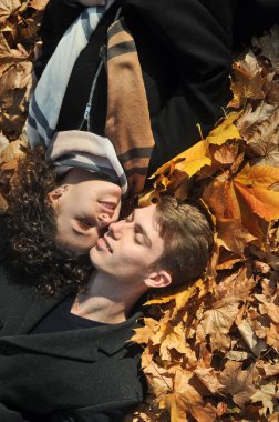 Mutlu genç çift sonbahar parkında eğleniyor. Genç bir kadın ve bir adam dışarıda yürüyor..