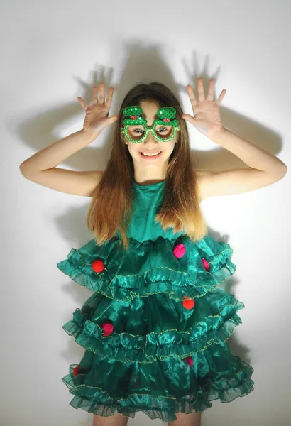 Cute Emotional Child Green Festive Dress Christmas Glasses Posing White — Stock Photo, Image