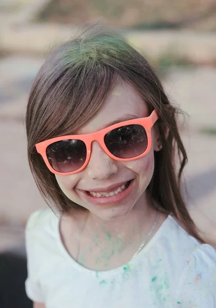 Cute Child Has Fun Paints Holi Festival — Fotografia de Stock