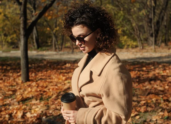 Curly Hair Woman Beige Coat Cup Coffee Outdoor Beautiful Young — стоковое фото