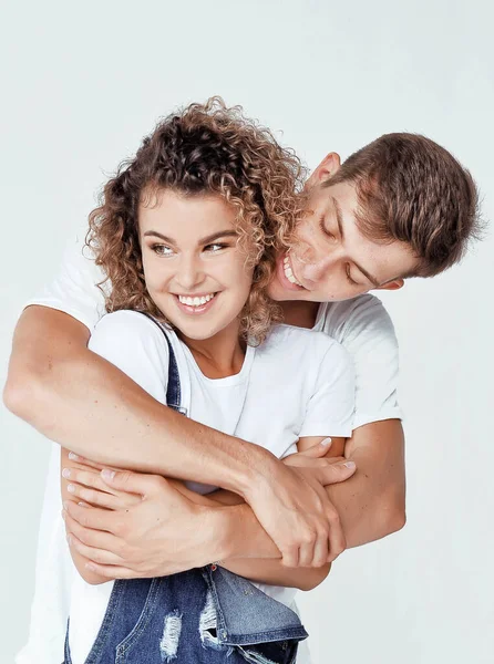 Portrait Hugging Couple Light Background Valentine Day Concept — Stock Photo, Image