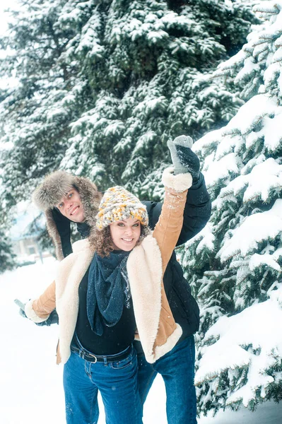 Vrouw Man Wandelen Het Winterbos Gelukkig Paar Holding Pijnboom Heeft — Stockfoto