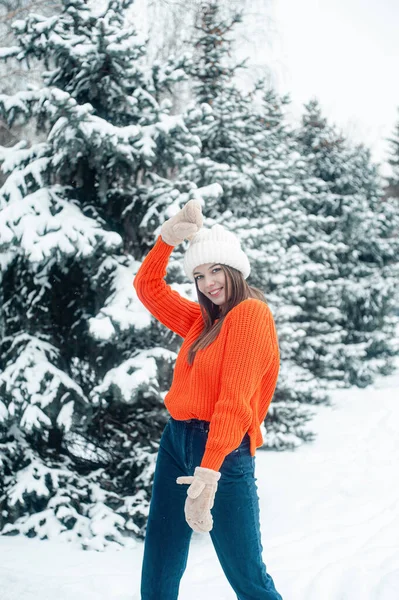 Mulher Floresta Nevada Férias Inverno — Fotografia de Stock