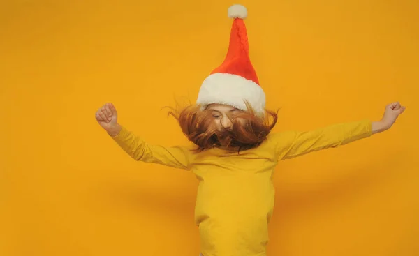 Little Girl Santa Hat Yellow Background Copy Space — Stock fotografie