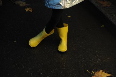 Yağmurdan sonra su birikintisinde sarı lastik ayakkabılar. Düşen yapraklar. Sonbahar mevsimi konsepti. 