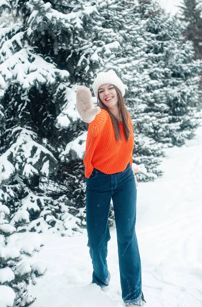 Γυναίκα Στο Χιονισμένο Δάσος Χειμερινές Διακοπές — Φωτογραφία Αρχείου