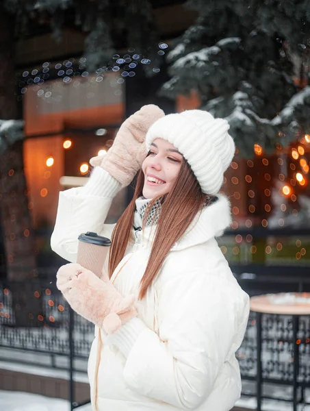 Smiling Young Woman Drinking Coffee Snowy Forest Winter Vacation — ストック写真