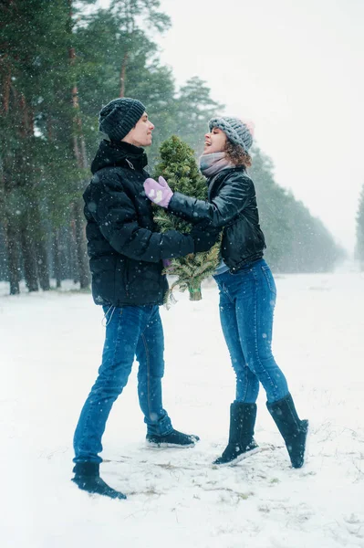Young Beautiful Couple Winter Forest Happy Couple Has Fun Snow — Foto Stock