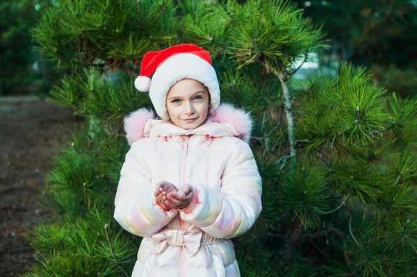 Маленька Дівчинка Зимовому Парку Усміхнена Дівчина Капелюхом Санти Лісі Отримує — стокове фото
