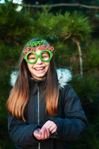 Little Girl Winter Park Smiling Girl Santa Hat Forest Has — Stock Fotó