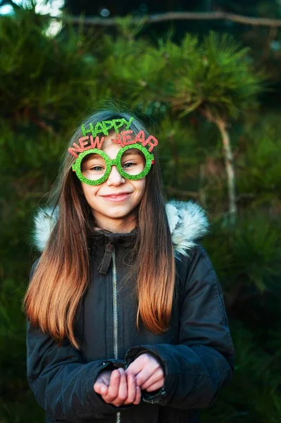 Girl Winter Park Smiling Girl Santa Hat Forest Has Fun — Stockfoto