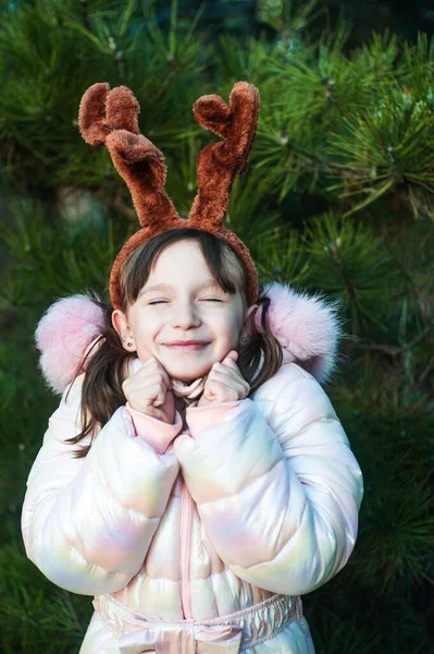 Girl Winter Park Smiling Girl Deer Ears Forest Has Fun — Stock Fotó
