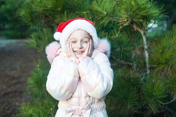 Little Girl Winter Park Smiling Girl Santa Hat Forest Has — Foto Stock