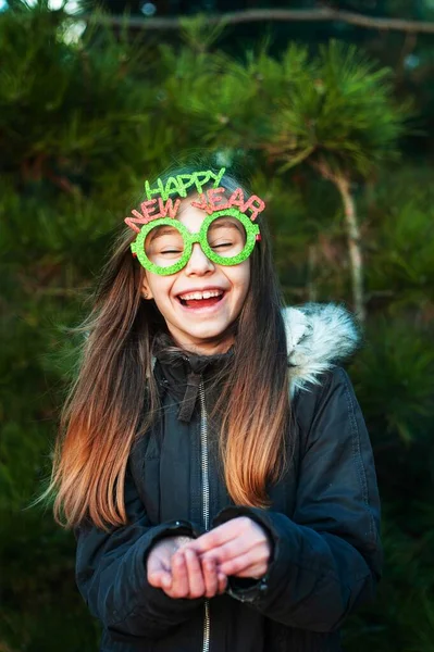 Little Girl Winter Park Smiling Girl Santa Hat Forest Has — Stock Fotó