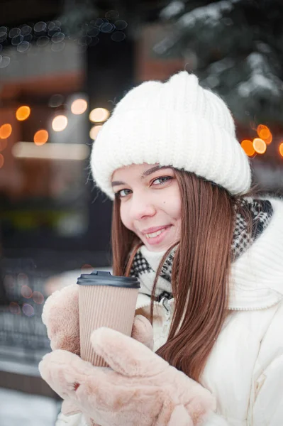 Beautiful Woman Drinking Hot Coffee Snowy Forest Girl Cup Tea — 스톡 사진
