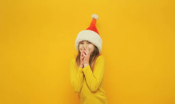Little Girl Santa Hat Yellow Background Copy Space — Photo