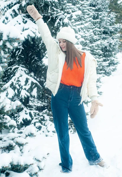Happy Woman Hat Scarf Snow Background Forest Snowy Landscape — Stock Fotó