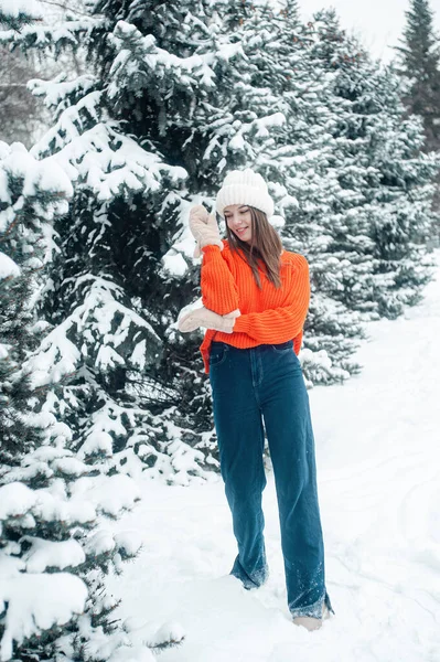 Happy Woman Hat Scarf Snow Background Forest Snowy Landscape — Stock Fotó