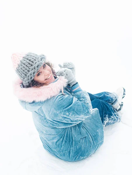 Happy Woman Hat Scarf Snow Background Forest Snowy Landscape — Stockfoto