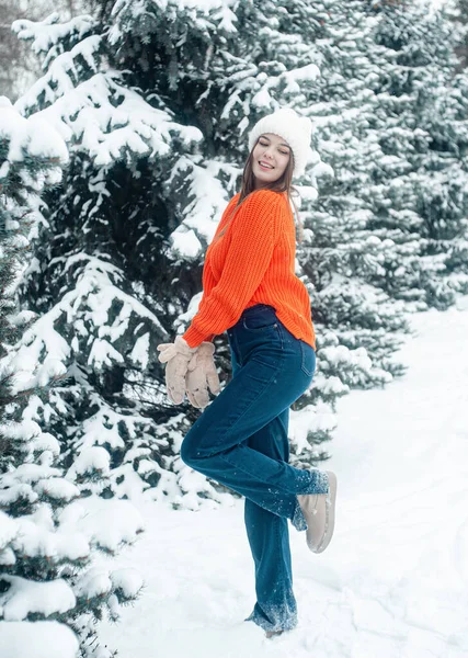 Happy Woman Hat Scarf Snow Background Forest Snowy Landscape — Fotografia de Stock
