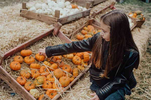 girl with a pumpkin on autumn market