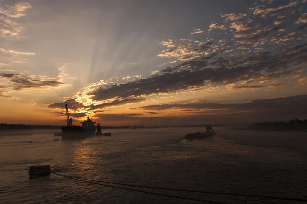 Ship at anchor durint sunset — Stock Photo, Image