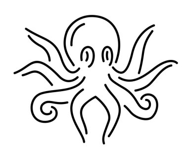 Beyaz arkaplanda izole edilmiş stilize ahtapot silueti ile güzel tek renkli vektör doğrusal illüstrasyonu