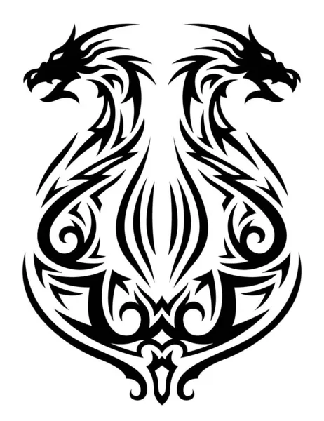 Beautiful Monochrome Tribal Tattoo Illustration Black Fantasy Lyre Two Dragon — Stock Vector
