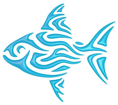 Renkli mavi dekoratif balık silueti beyaz arka planda izole edilmiş güzel 3D çizimler