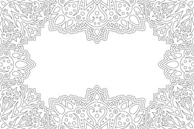 Yetişkin boyama kitabı sayfası için soyut fantezi kenarlığı ve beyaz kopya alanı ile güzel monokrom doğrusal vektör çizimi