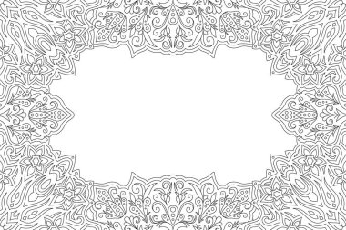 Yetişkin renklendirme kitabı sayfası için soyut çiçek dikdörtgeni kenarı ve beyaz kopya alanı ile güzel tek renkli vektör arkaplanı