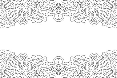 Soyut çiçek deseni ve beyaz kopya alanı olan yetişkin boyama kitabı sayfası için güzel monokrom doğrusal vektör arkaplanı