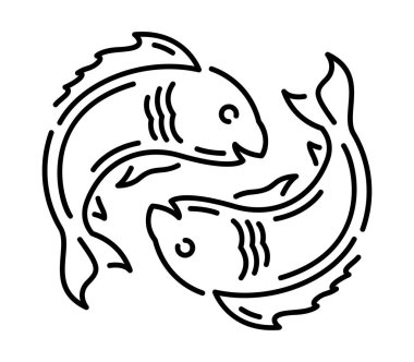 Beyaz arkaplanda izole edilmiş iki karikatür balık silueti ile güzel tek renkli doğrusal vektör çizimi