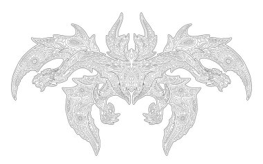 Beautiful monochrome linear fantasy vector illustration for adult coloring book page with two headed dragon silhouette on the white background clipart