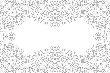 Yetişkin boyama kitabı sayfası için soyut kabile sınırı ve beyaz kopya alanı ile güzel monokrom doğrusal vektör çizimi
