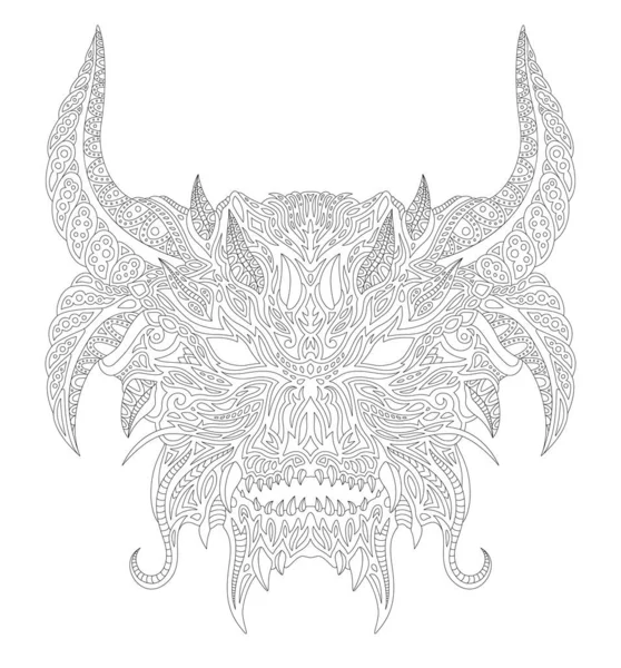 白の背景に隔離された部族のヴィンテージ装飾悪魔の頭と大人のぬり絵のページのための美しいモノクロ線形ベクトルイラスト — ストックベクタ