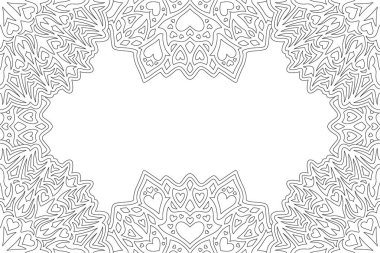 Dikdörtgen kenarı ve beyaz kopya alanı olan yetişkin boyama kitabı sayfası için güzel monokrom doğrusal vektör çizimi