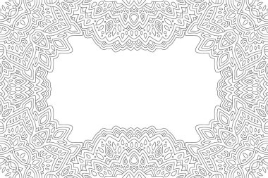 Beautiful monochrome linear vector illustration for adult coloring book page with abstract rectangle oriental border and white copy space