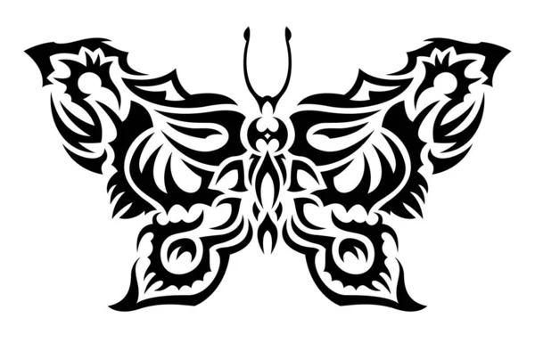 Beautiful Monochrome Tribal Tattoo Illustration Black Decorative Butterfly Silhouette Isolated — Vetor de Stock