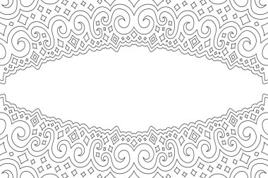 Soyut vintage kenarı ve beyaz kopya alanı olan yetişkin boyama kitabı sayfası için güzel monokrom doğrusal vektör çizimi