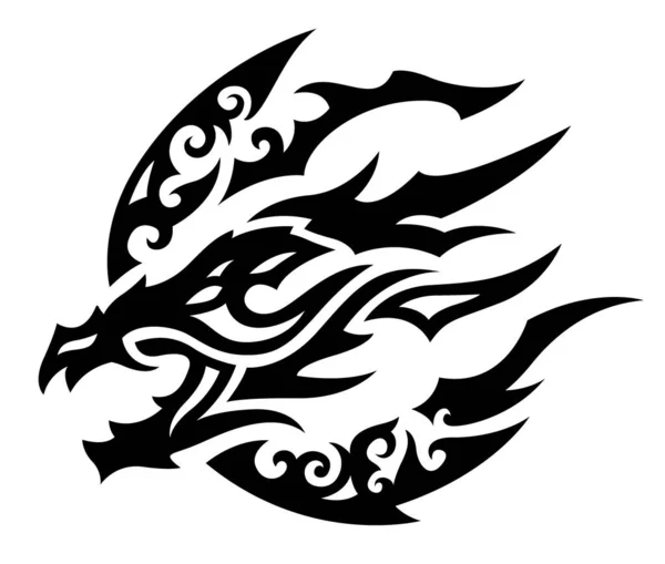 Hermosa Ilustración Vectores Tatuaje Tribal Monocromo Con Cabeza Dragón Decorativo — Vector de stock