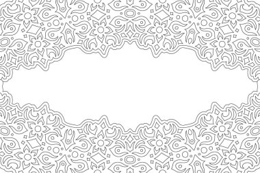 Yetişkin renklendirme kitabı sayfası için soyut çiçek kenarlığı ve beyaz kopya alanı ile güzel monokrom doğrusal vektör çizimi