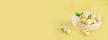 Paskalya geçmişi. Mutlu paskalya yumurtaları. Yuvadaki Paskalya yumurtaları. Paskalya yumurtaları. Mutlu Paskalyalar. Çok renkli Paskalya yumurtaları. Sarı. Pankart. Boşluğu kopyala