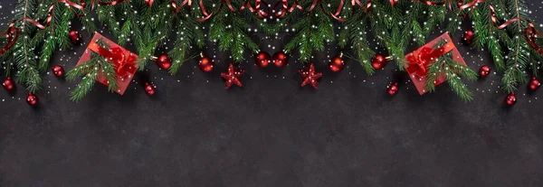 Рождественский Фон Елками Подарками Рождественская Открытка Праздничная Рождественская Открытка Баннер — стоковое фото