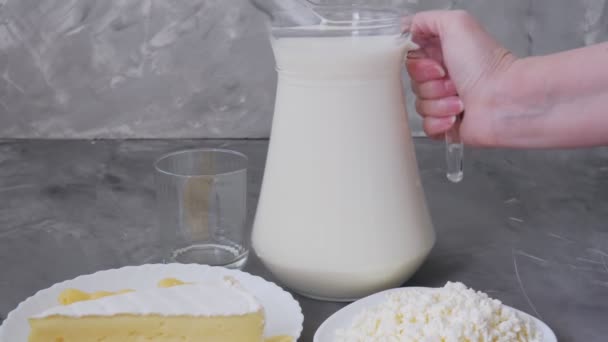 Milk Products Cheese Milk Poured Glass — стоковое видео