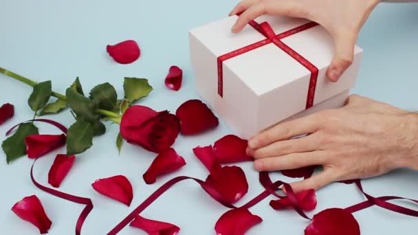 Valentine Day White Box Red Heart Petals Red Roses Blue — Video Stock